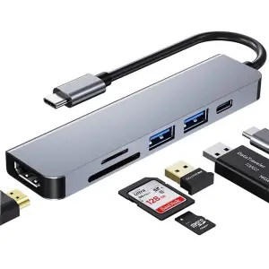Hub USB Type-C 6 in 1 Axeloni ®, multiport 1 x USB 3.0 5Gbps, 1 x USB 2.0, HDMI 4K 30Hz, Card reader TD si SD Card, USB Type-C PD 87W 3A, Gri - 