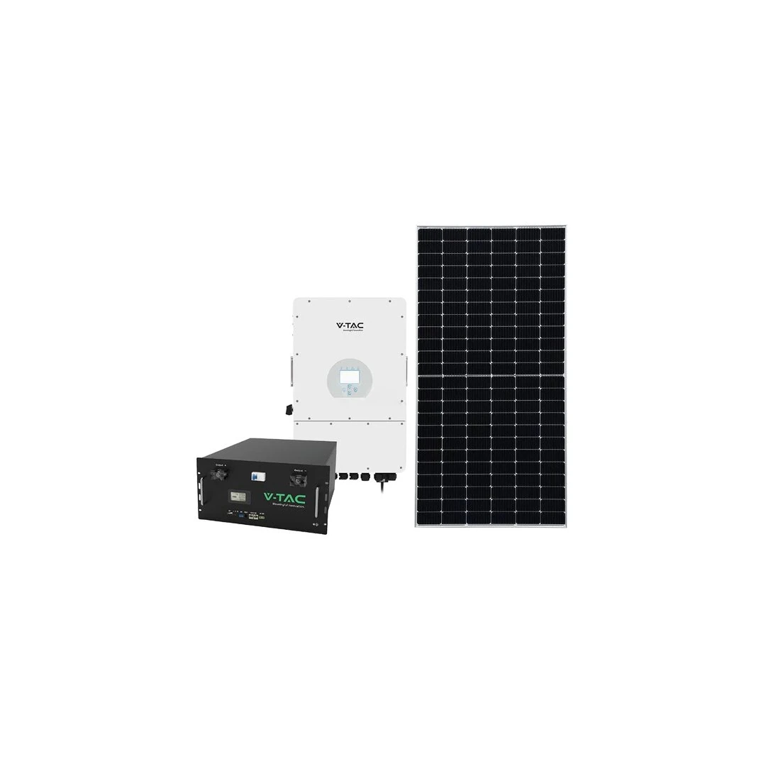 Kit 24 panouri solare fotovoltaice, Invertor solar Hybrid trifazat 10 kW IP65, Acumulator 9,6 kWh, 6000 cicluri - 