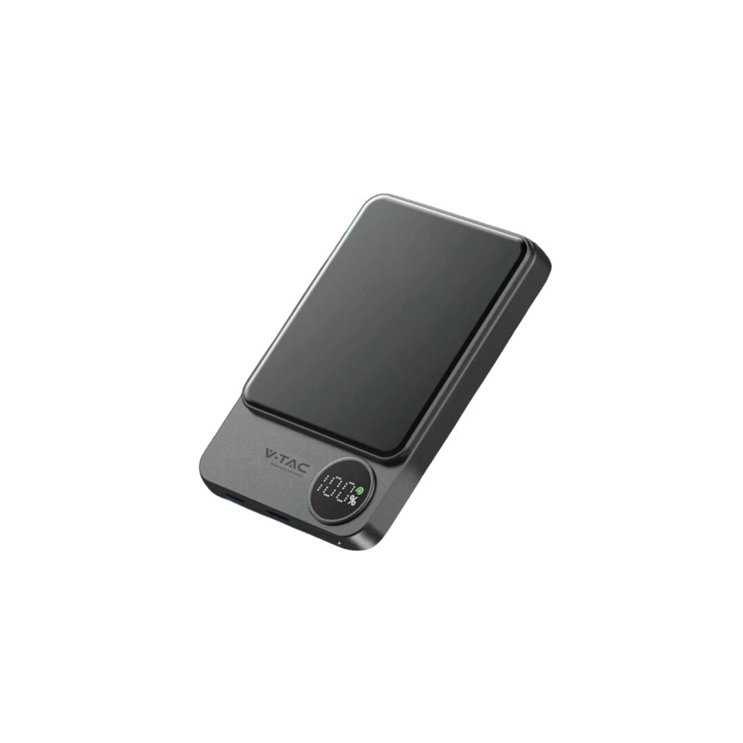 Powerbank Ultra Slim cu incarcare solara, Wireless 5000mAh, 2x USB, USB-C, Negru, 3 A, 20 W - 