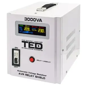 Stabilizator de tensiune automat, 3000 VA/1800 W, 140-260V, unda sinusoidala pura, 2 x Schuko, Afisaj LED - 