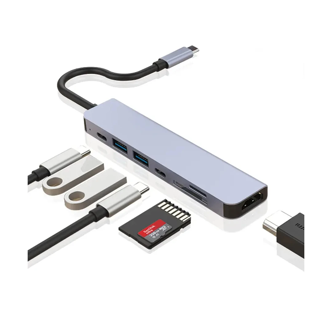Hub USB Type-C 7 in 1, Axeloni ®, multiport 1 x USB 3.0 5Gbps, 1 x USB 2.0, 1 x USB Type-C, HDMI 4K 30Hz, Card reader TD si SD Card, USB Type-C PD 100W, Gri - 