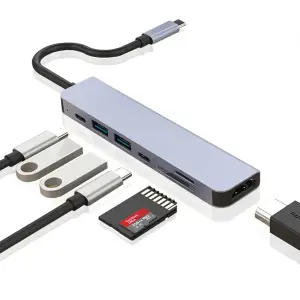 Hub USB Type-C 7 in 1, Axeloni ®, multiport 1 x USB 3.0 5Gbps, 1 x USB 2.0, 1 x USB Type-C, HDMI 4K 30Hz, Card reader TD si SD Card, USB Type-C PD 100W, Gri - 