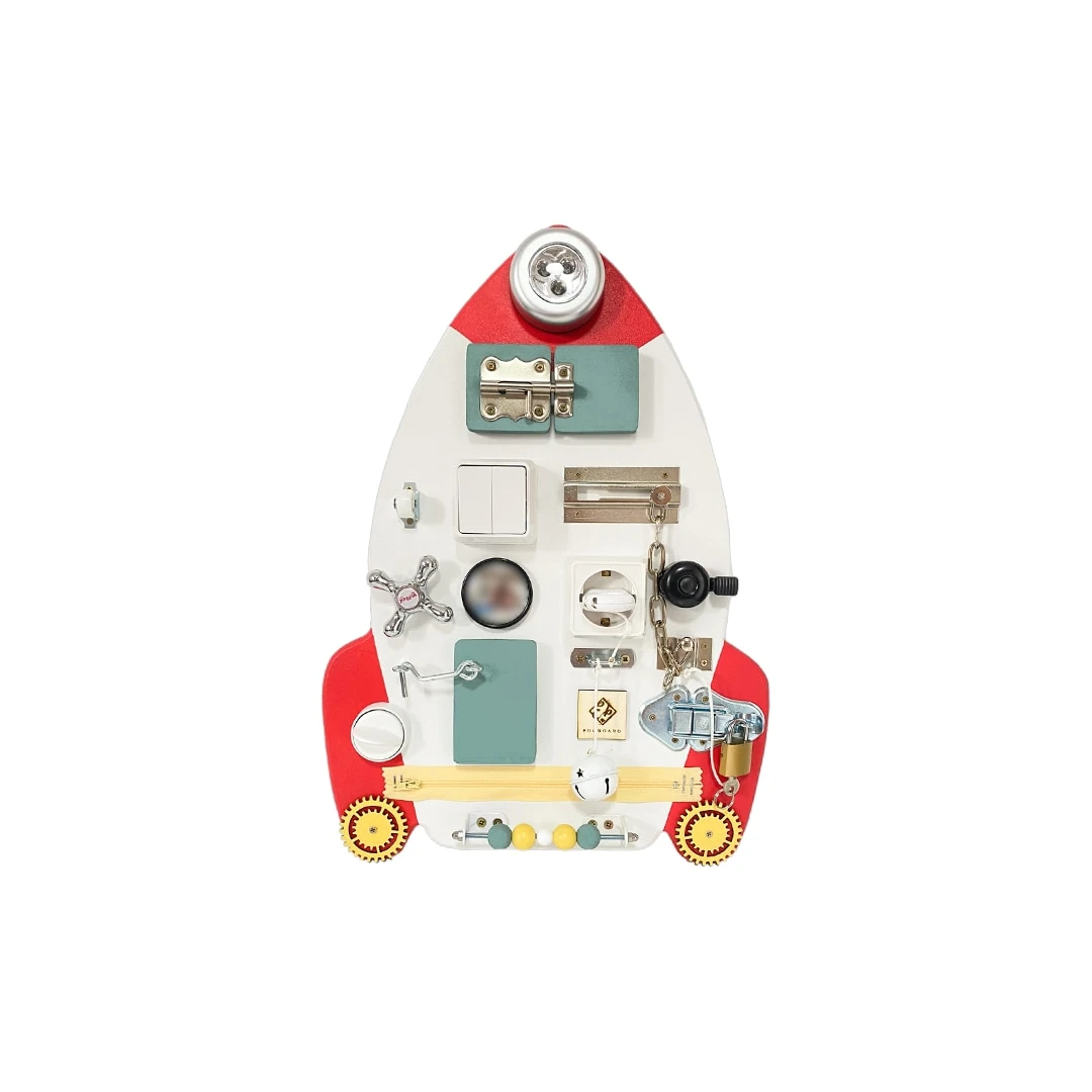 Placa senzoriala busy board pentru copii, model Racheta, 48x33 cm, culoare Turcoaz/Galben - 
