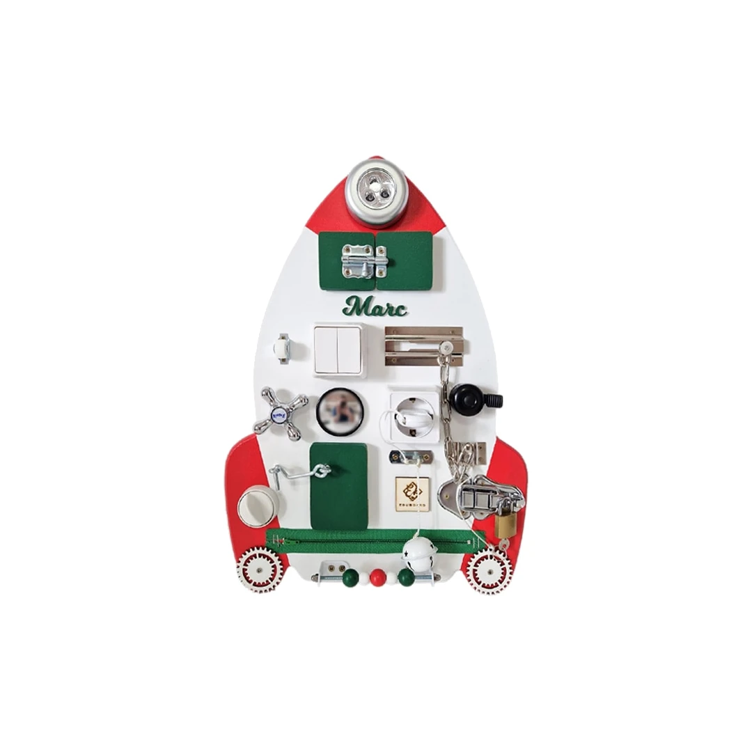 Placa senzoriala personalizata busy board pentru copii, model Racheta, 48x33 cm, culoare Verde - 