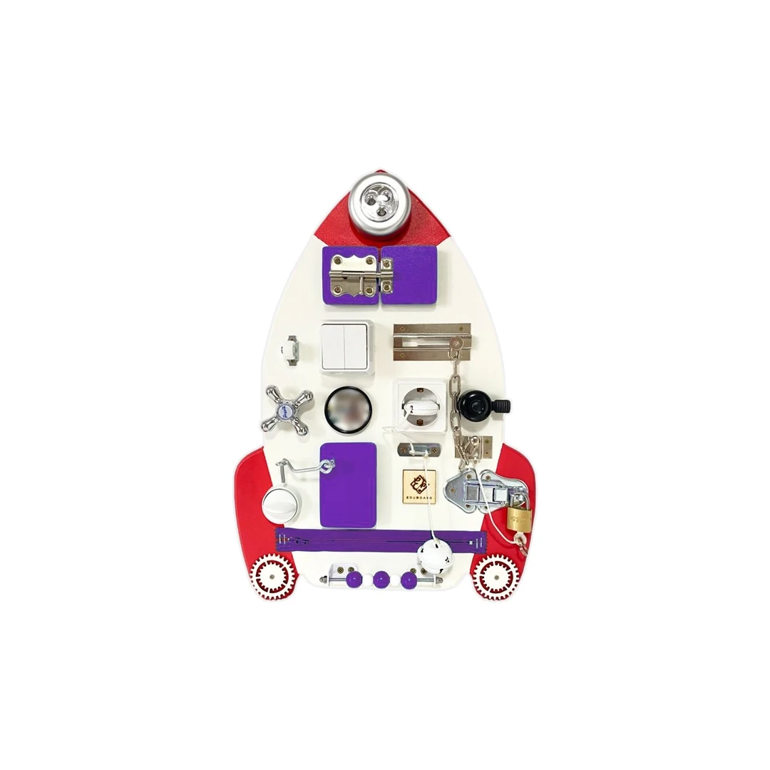 Placa senzoriala busy board pentru copii, model Racheta, 48x33 cm, culoare Mov - 