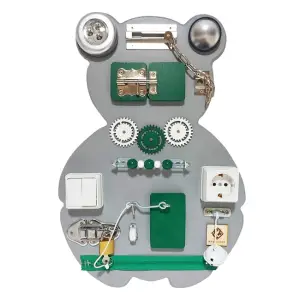 Placa senzoriala busy board pentru copii, model Urs, 47x32 cm, culoare Gri/Verde - 