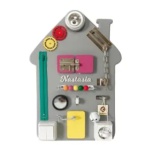 Placa senzoriala personalizata busy board pentru copii, model Casa Gri, 47x32 cm, culoare Multicolor - 
