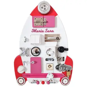 Placa senzoriala personalizata busy board pentru copii, model Racheta, 48x33 cm, culoare Roz - 