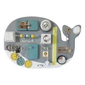 Placa senzoriala personalizata busy board pentru copii, model Balena, 47x32 cm, culoare Gri/Turcoaz/Galben - 