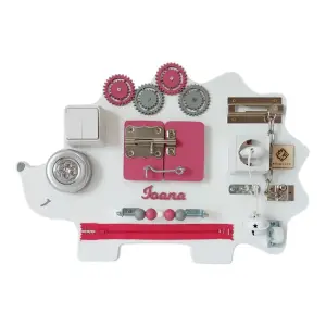 Placa senzoriala personalizata busy board pentru copii, model Arici, 47x32 cm, culoare Roz - 