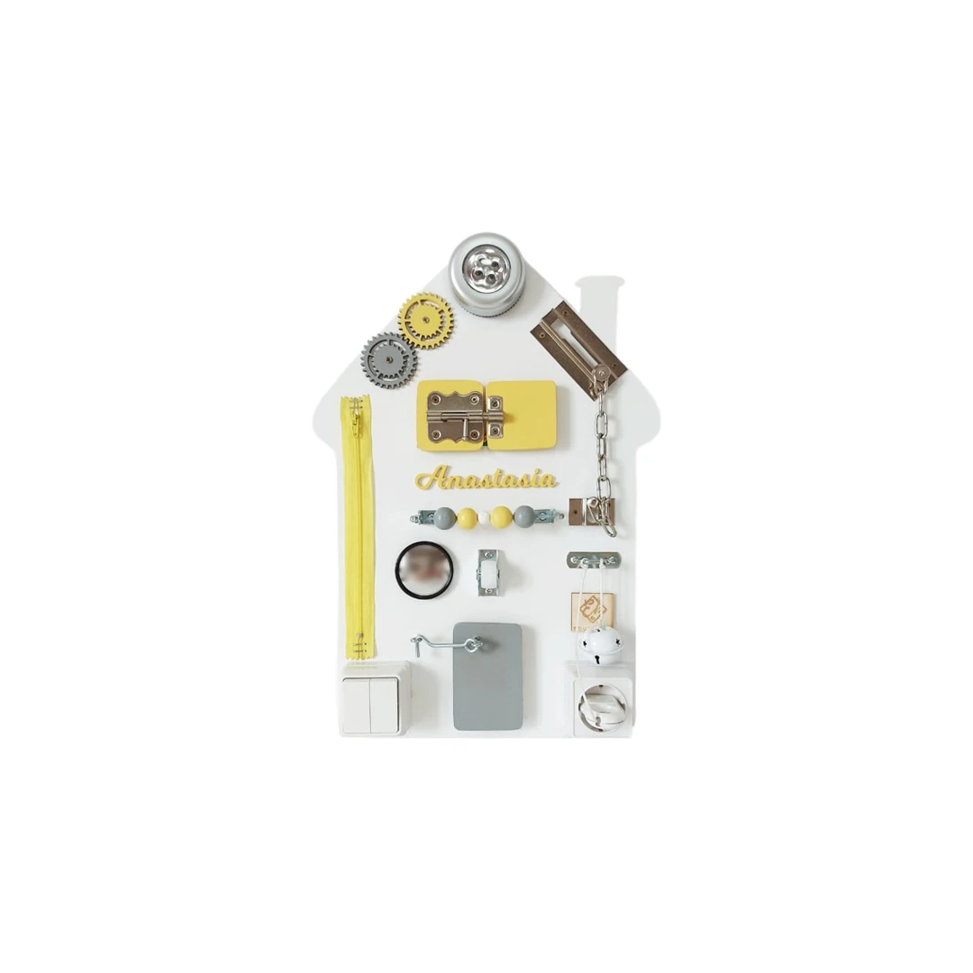 Placa senzoriala personalizata busy board pentru copii, model Casa, 47x32 cm, culoare Galben - 