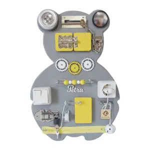 Placa senzoriala personalizata busy board pentru copii, model Urs, 47x32 cm, culoare Gri/Galben - 