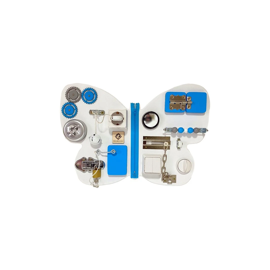 Placa senzoriala busy board pentru copii, model Fluturas, 47x32 cm, culoare Albastru deschis - 