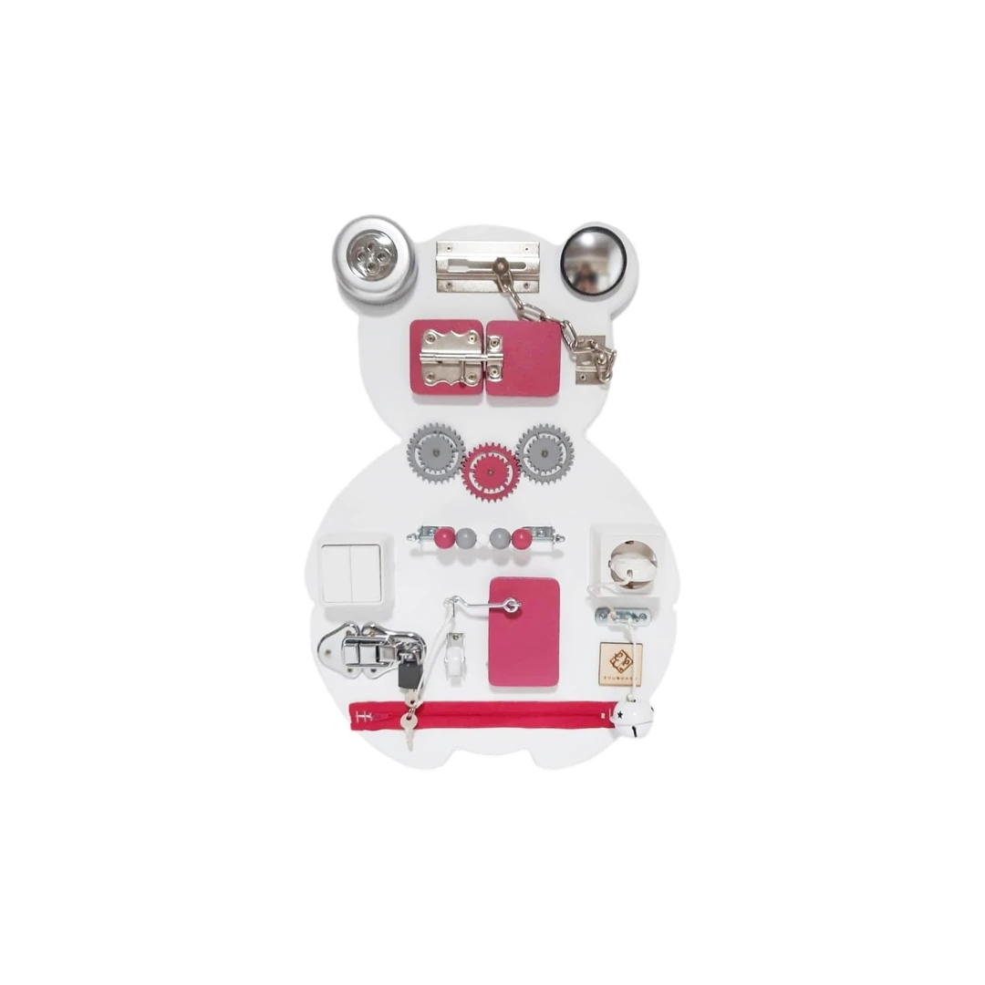 Placa senzoriala busy board pentru copii, model Urs, 47x32 cm, culoare Roz - 