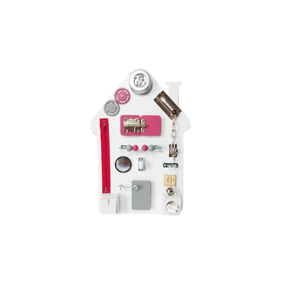 Placa senzoriala busy board pentru copii, model Casa, 47x32 cm, culoare Roz - 