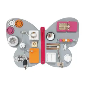 Placa senzoriala busy board pentru copii, model Fluturas, 47x32 cm, culoare Portocaliu/Roz - 