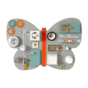Placa senzoriala personalizata busy board pentru copii, model Fluturas, 47x32 cm, culoare Gri/Turcoaz/Portocaliu - 
