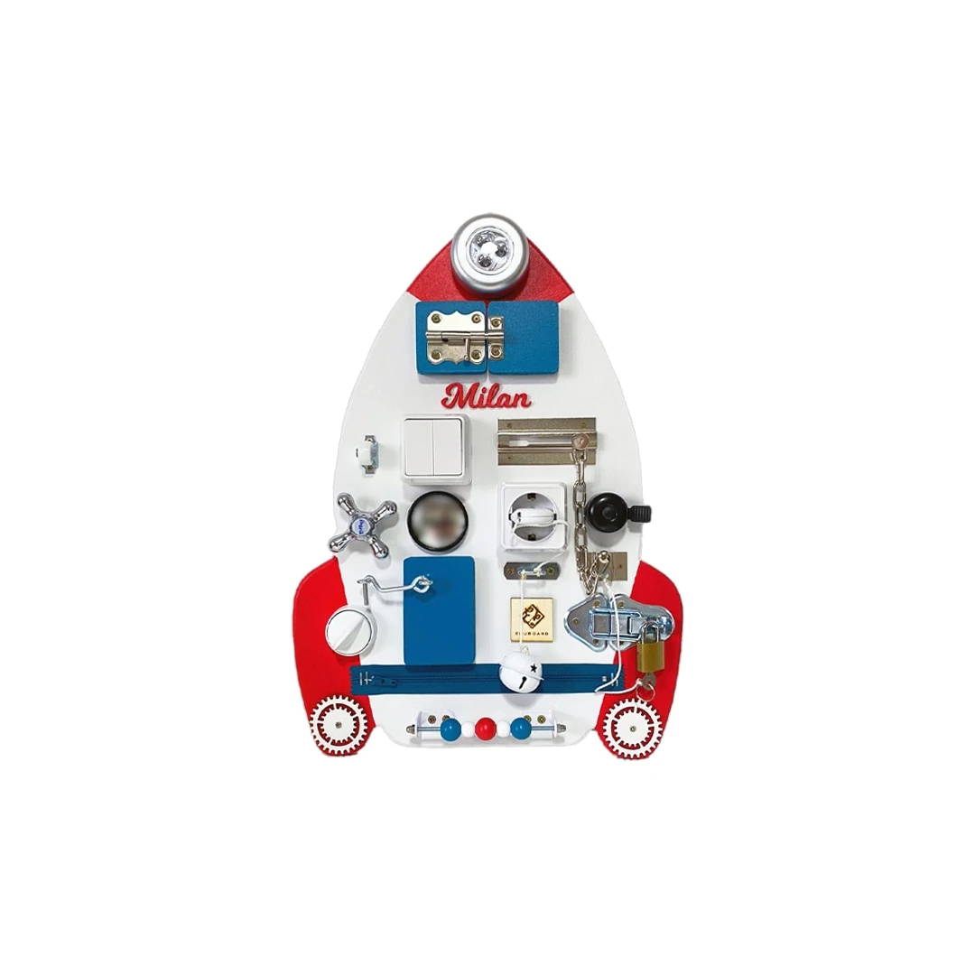 Placa senzoriala personalizata busy board pentru copii, model Racheta, 48x33 cm, culoare Albastru - 