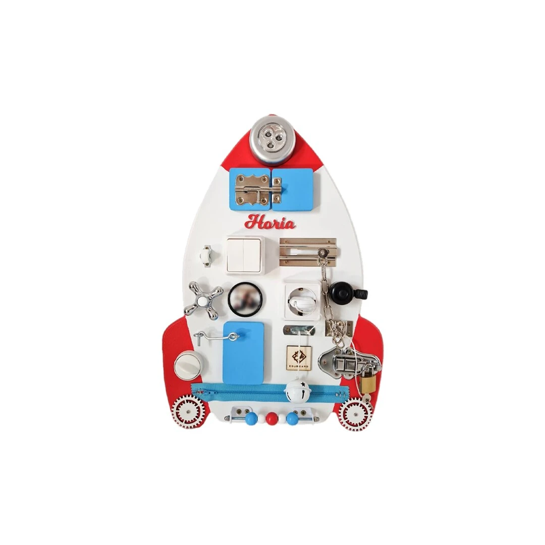 Placa senzoriala personalizata busy board pentru copii, model Racheta, 48x33 cm, culoare Albastru deschis - 