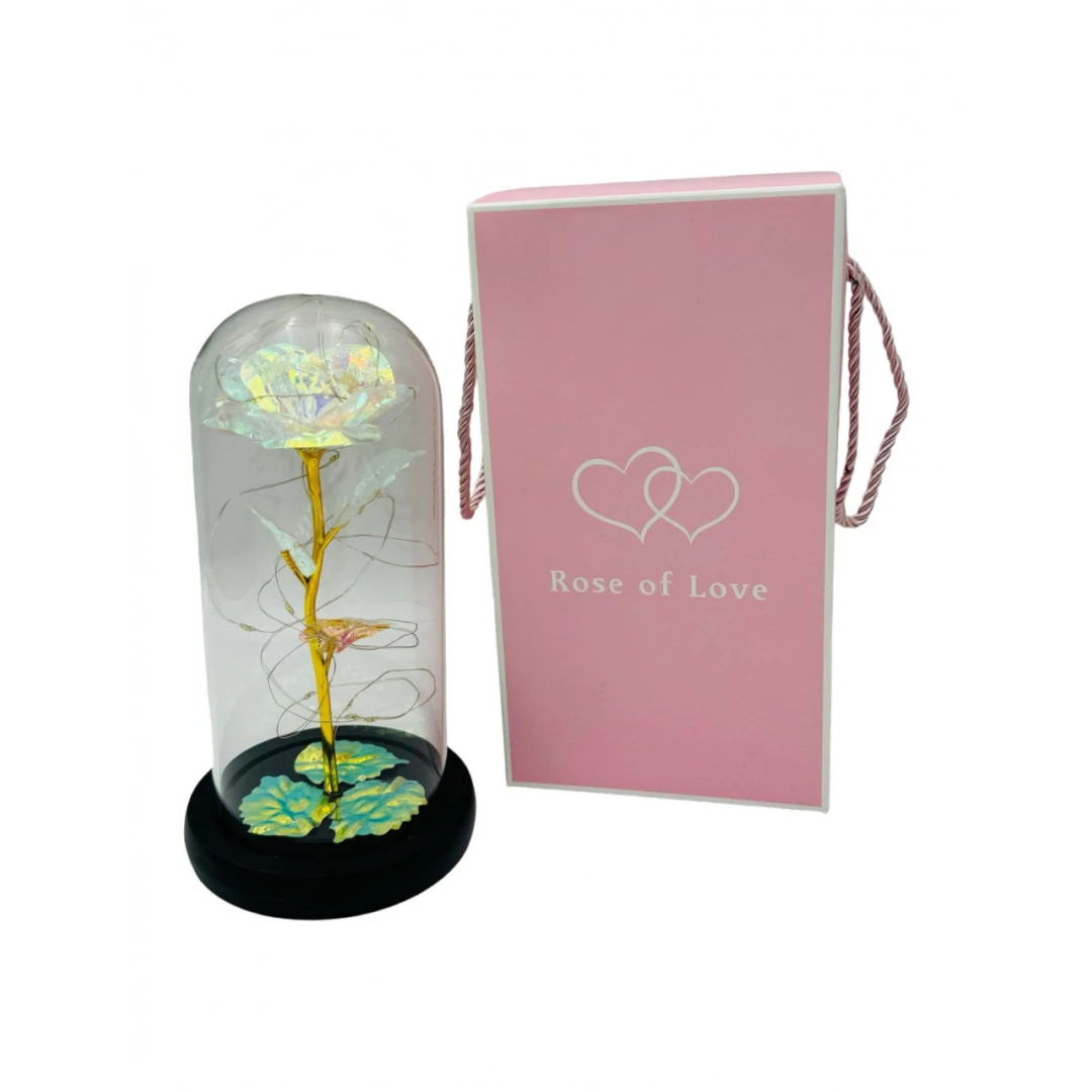 Cupola din Sticla cu Trandafir Sidefat si lumini, 24.5×13.5×13.5cm - 