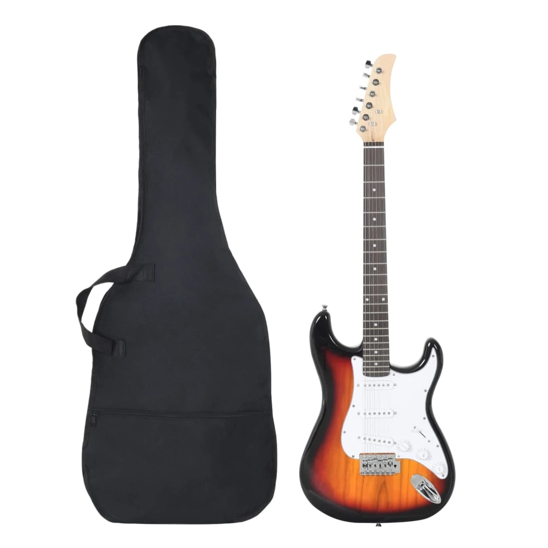 Chitara electrică de începători, cu husă, maro/alb, 4/4 39" - Această chitară electrică este perfectă pentru începătorii care doresc să înceapă să cânte la chitara electrică. Confortabil de cântat: Designul unic...