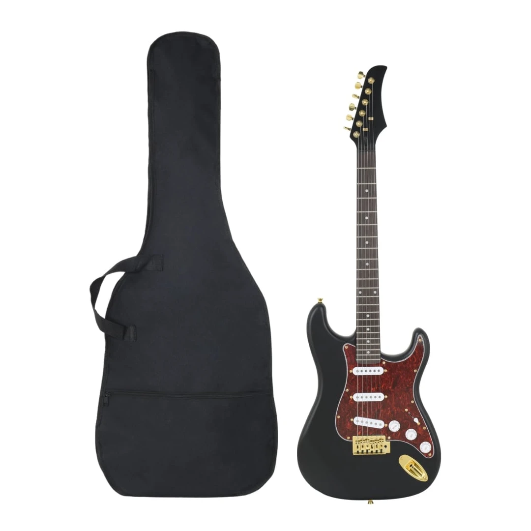 Chitară electrică de începători, cu husă, negru/auriu, 4/4 39" - Această chitară electrică este perfectă pentru începătorii care doresc să înceapă să cânte la chitara electrică. Confortabil de cântat: Designul unic...