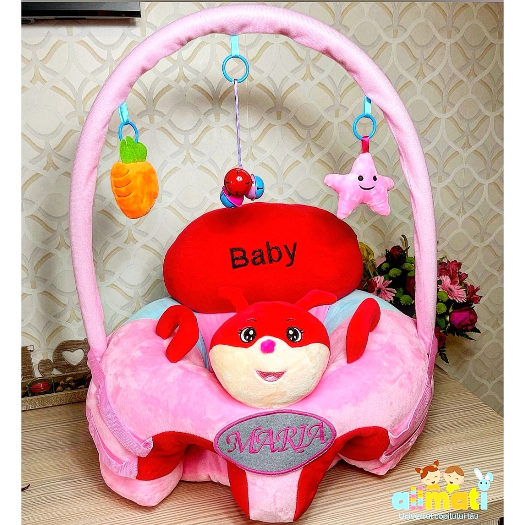 Fotoliu pentru copii cu arcada de jucarii, Pink Baby - Personalizat cu nume - 
