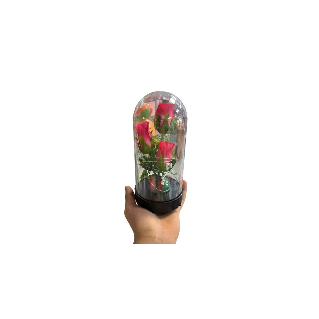 Trandafir in cupola, suport plastic, cu baterie, iluminat cu leduri, 20 cm, - 