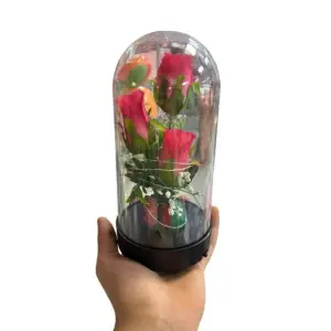 Trandafir in cupola, suport plastic, cu baterie, iluminat cu leduri, 20 cm, - 