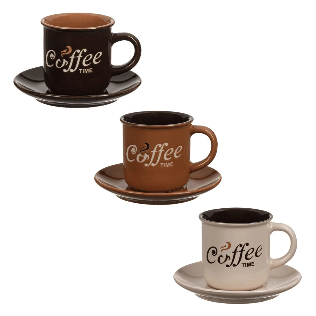 Set 3 Ceşti Ceramice Coffe Maro Mat & Farfurii 130ml ABYZ®™ - 