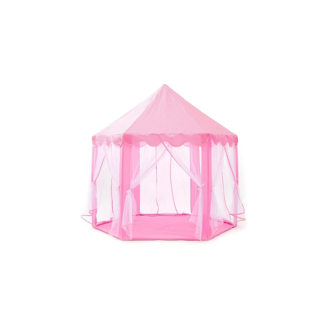 Cort de joaca pentru copii, Springos, hexagonal, cu perdele, roz, 135x140 cm - 