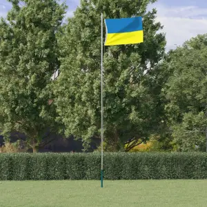 Steagul Ucrainei cu ocheți din alamă, 90x150 cm - Acest steag al Ucrainei este confecționat din poliester rezistent și este prevăzut cu doi ocheți din alamă. Împreună cu stâlpul nostru din aluminiu (n...