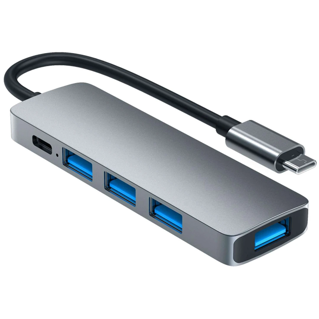 Hub USB 5 in 1 Qeno® Tip C / USB 3.0., Adaptor Multiport Cu Protectie Supracurent, 4.5W, 480 Mbps, 5 Gbps, Aluminiu, Gri - 