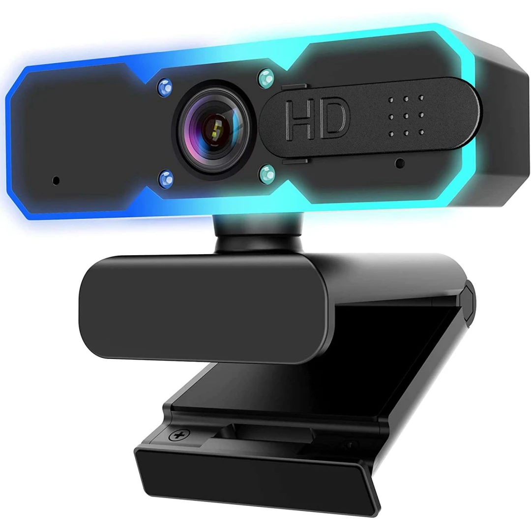 Camera Web Qeno® Gaming PC Webcam, Full HD 2MP 1920x1080/60FPS, Corectie De Lumina, Lentile Auto Focus Rapid, 2 Microfroane Stereo, 4 Lumini, 7 Culori RGB, Plug & Play, 1.7M Cablu, Inclus Privacy Cover, Negru - 