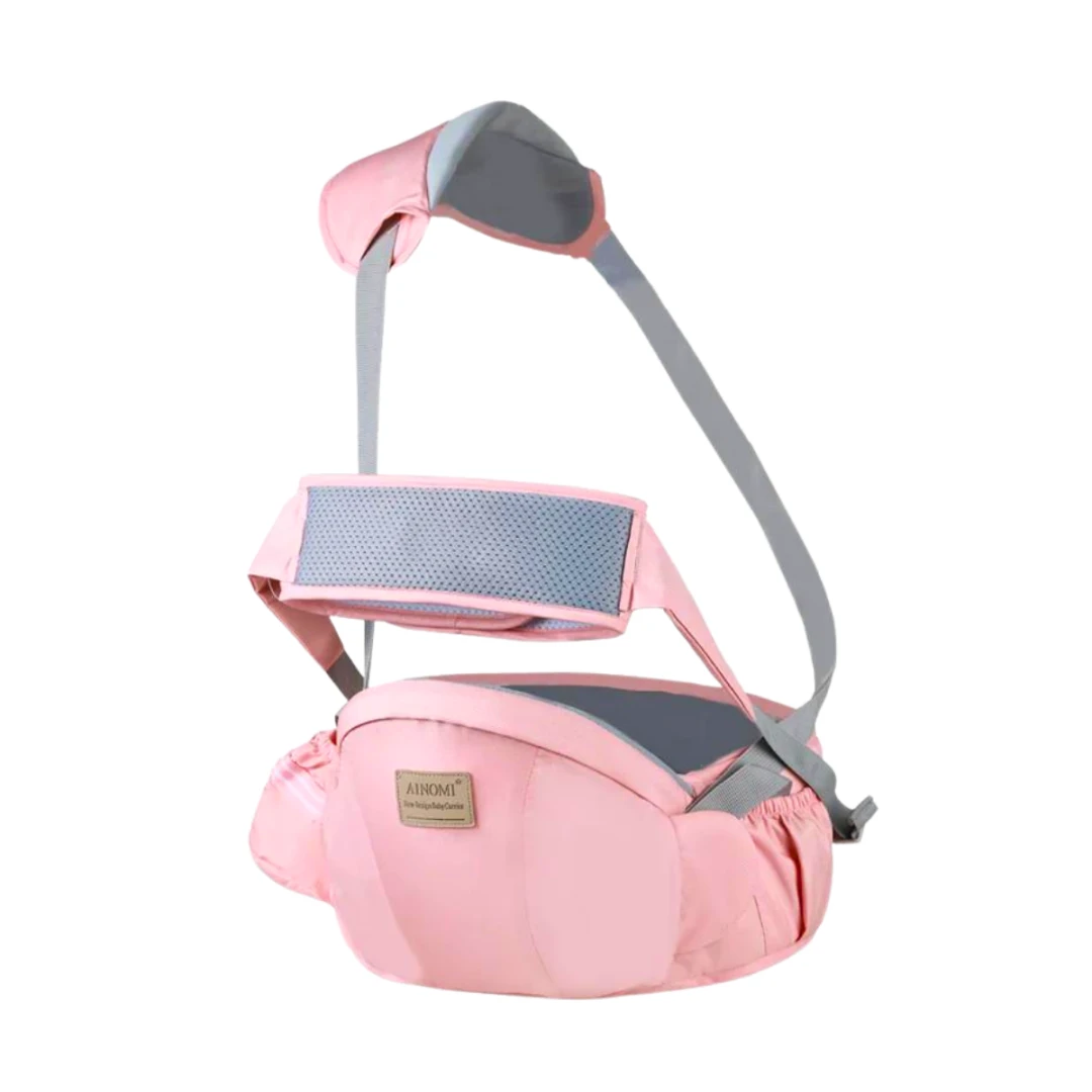 Marsupiu ergonomic pentru sustinerea bebelusilor, tip centura cu scaunel, cu centura de siguranta, buzunare laterale pentru depozitare si biberon, greutate maxima 30kg, unghi maxim de sustinere 30 de grade, BRAGUS®, Roz - 