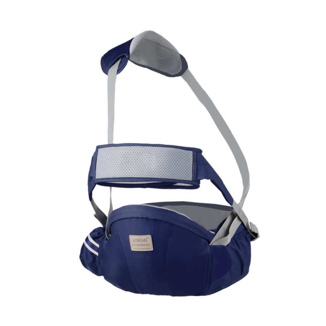 Marsupiu ergonomic pentru sustinerea bebelusilor, tip centura cu scaunel, cu centura de siguranta, buzunare laterale pentru depozitare si biberon, greutate maxima 30kg, unghi maxim de sustinere 30 de grade, BRAGUS®, Albastru - 