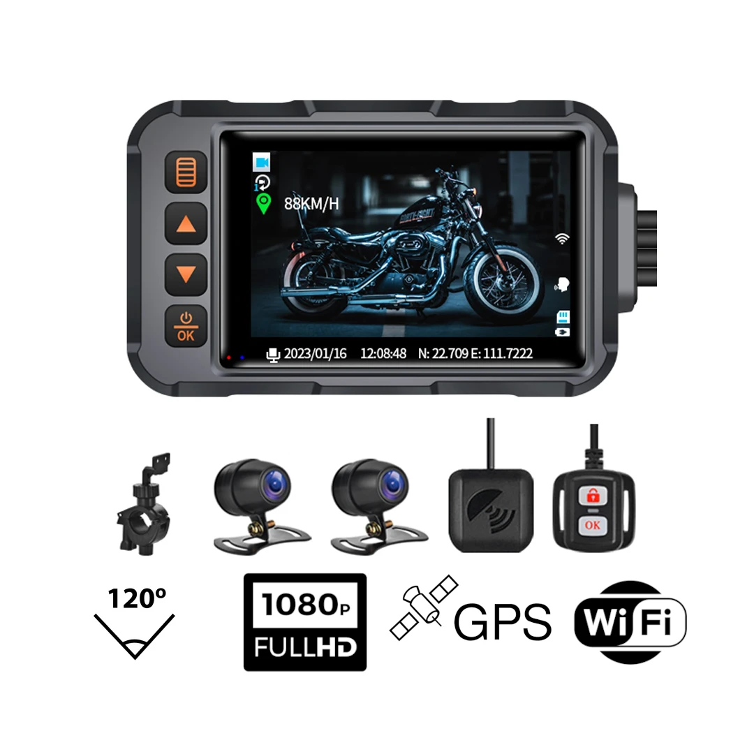 Kit Camere Motocicleta DVR, MotoSE, 65 Dual, Display 3'',1080P Fata/Spate, Rezistenta la apa si praf, WIFI, GPS, senzor de gravitatie si inregistrare video inteligenta - 