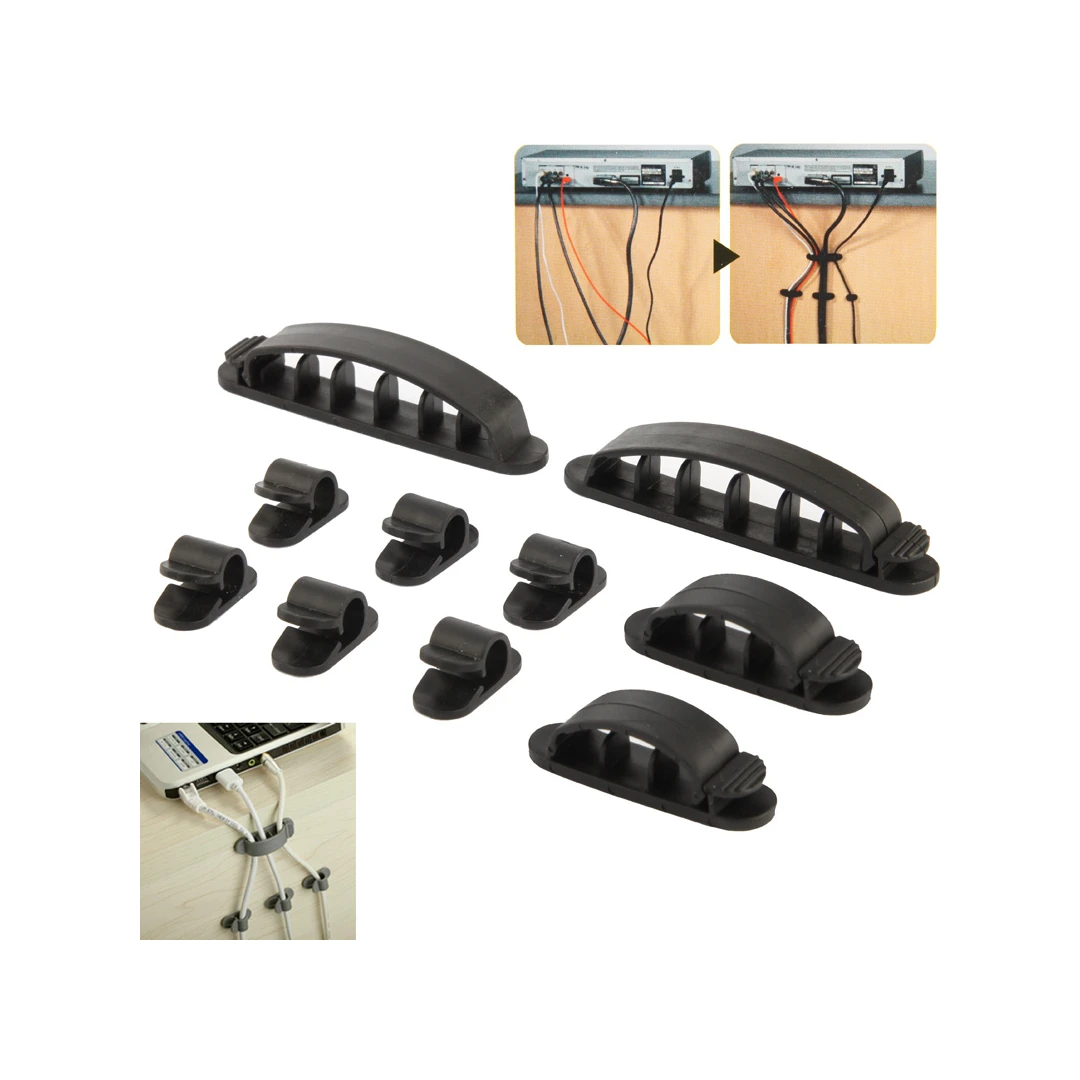 Organizator flexibil de cabluri cu clips - Set de 10 bucati, organizare rapida si eficienta a cablurilor, diverse marimi, adeziv - 