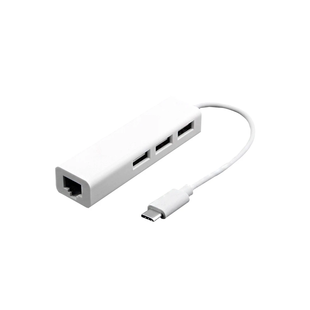 Adaptor Hub USB-C to Ethernet RJ45, 3 x USB, lungime 13cm, flexibil, Alb - 