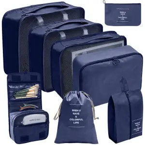 Organizator pentru bagaje format din 8 piese, dimensiuni diferite, perfect pentru troller sau valiza, albastru ALBASTRU - 