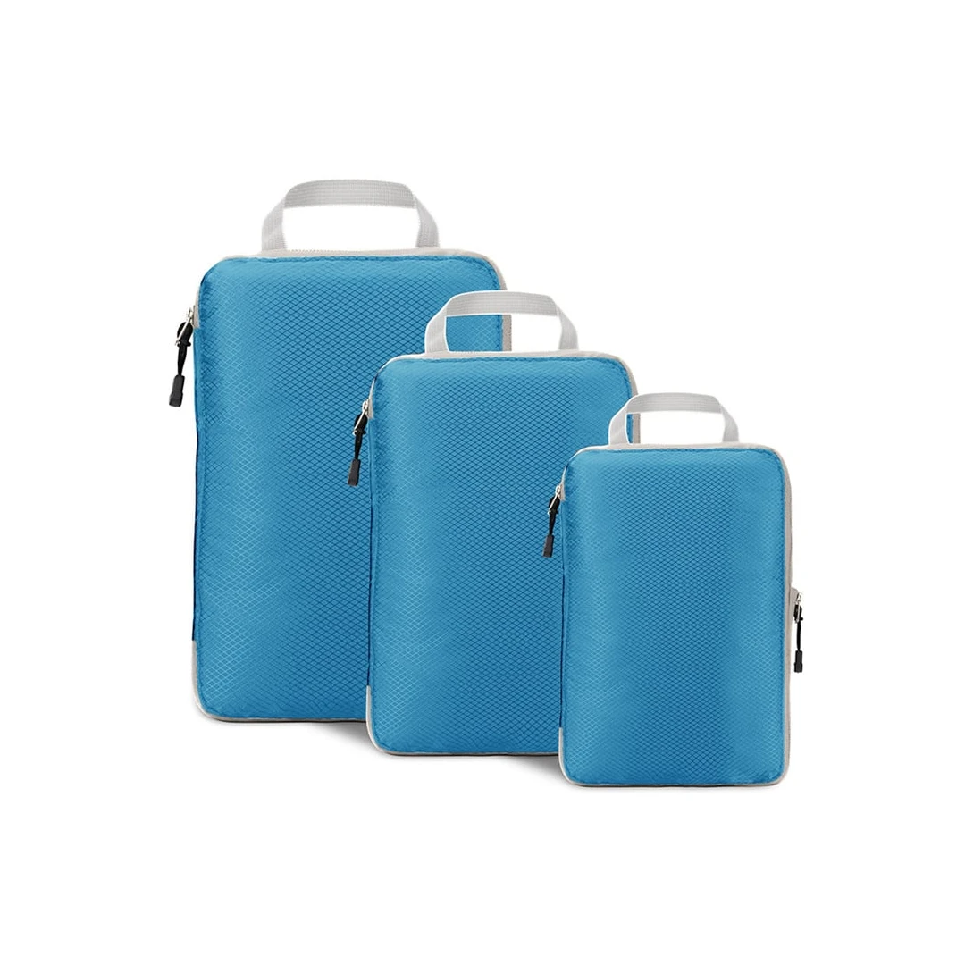 Organizatoare bagaj, TECOS, albastru deschis, sistem compresie/extensie cu fermoar, impermeabile, perfecte pentru troller sau valiza, 3 bucăți ALBASTRU DESCHIS - 