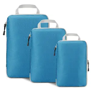 Organizatoare bagaj, TECOS, albastru deschis, sistem compresie/extensie cu fermoar, impermeabile, perfecte pentru troller sau valiza, 3 bucăți ALBASTRU DESCHIS - 