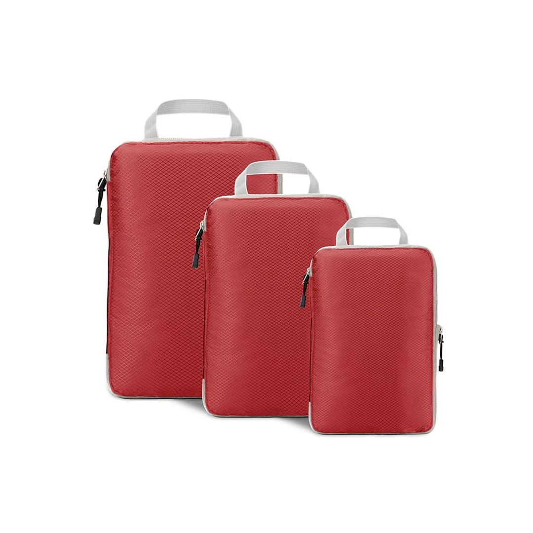 Organizatoare bagaj, TECOS, roșu, sistem compresie/extensie cu fermoar, impermeabile, perfecte pentru troller sau valiza, 3 bucăți ROSU - 