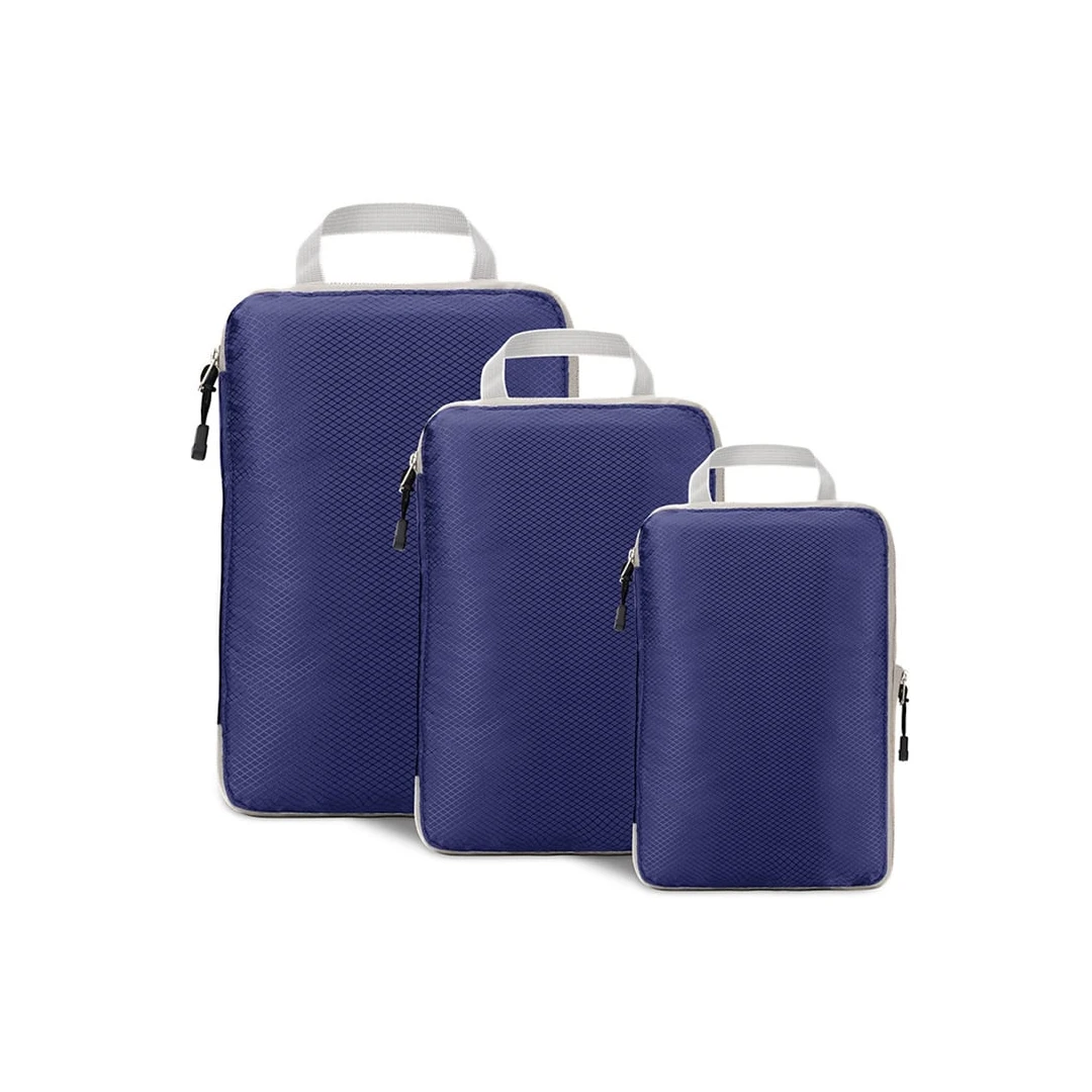 Organizatoare bagaj, TECOS, albastru, sistem compresie/extensie cu fermoar, impermeabile, perfecte pentru troller sau valiza, 3 bucăți ALBASTRU - 
