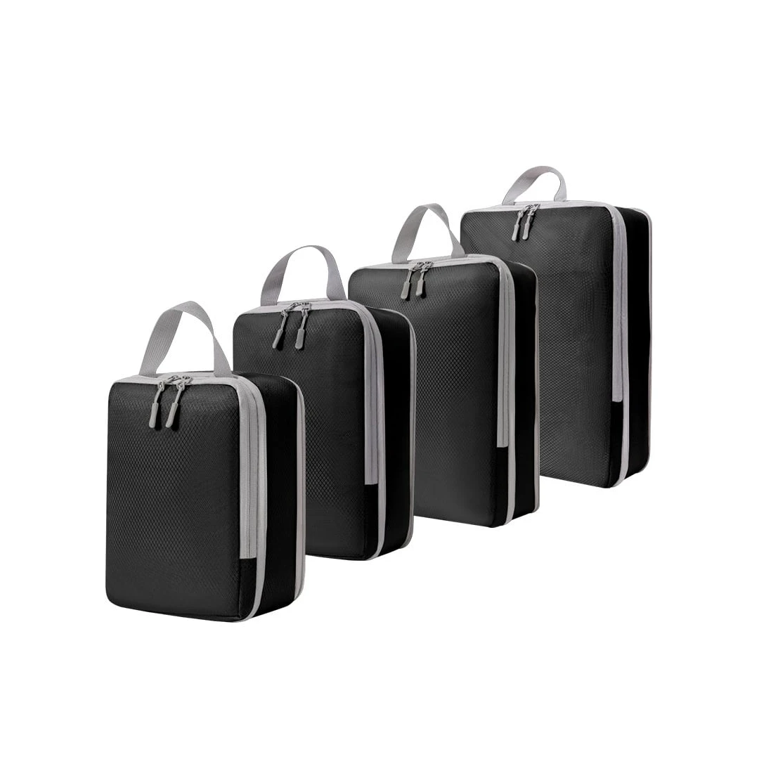 Organizatoare bagaj, TECOS, negru, sistem compresie/extensie cu fermoar, impermeabile, perfecte pentru troller sau valiza, 4 bucăți NEGRU - 