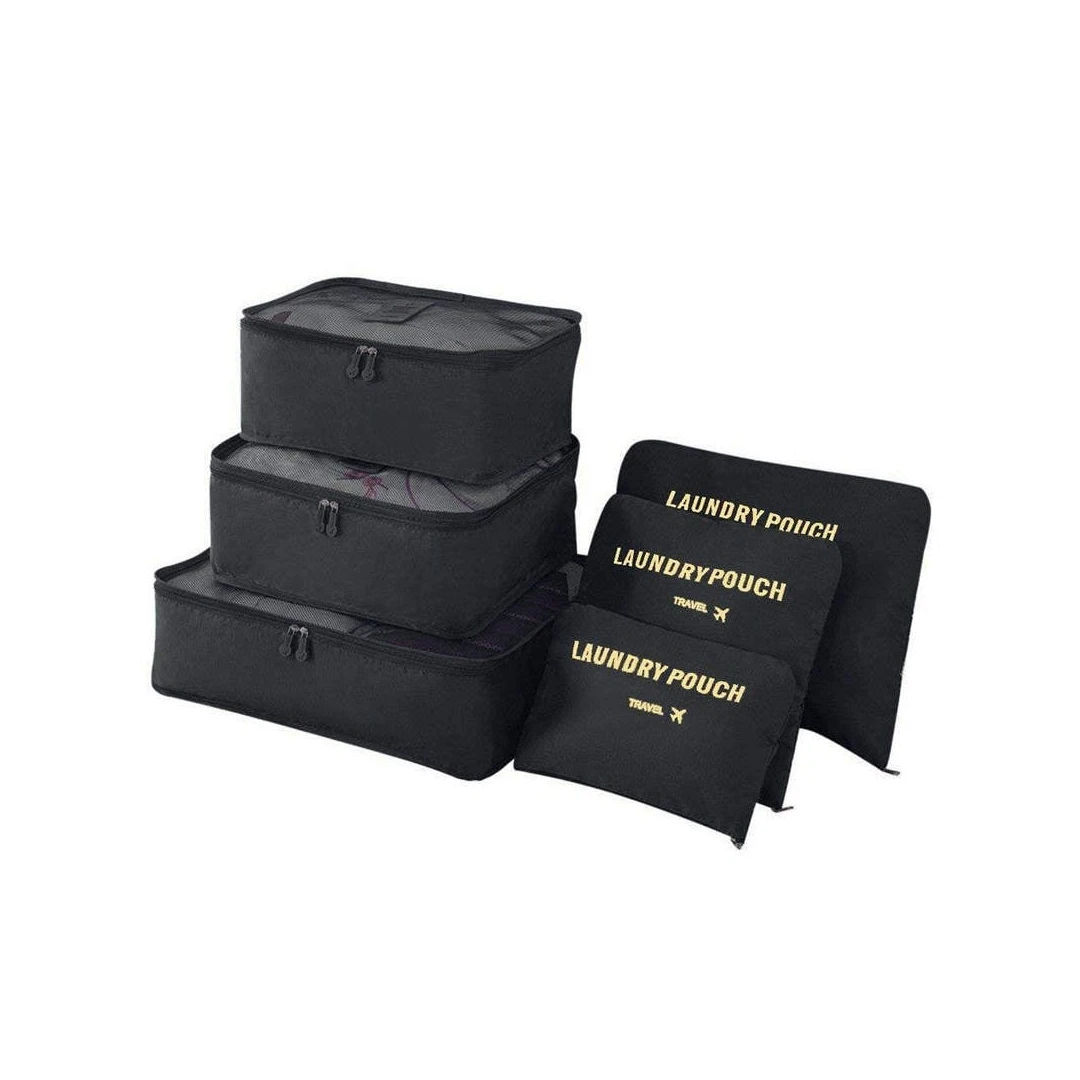 Organizator pentru bagaje format din 6 piese, dimensiuni diferite, perfect pentru troller sau valiza, negru NEGRU - 