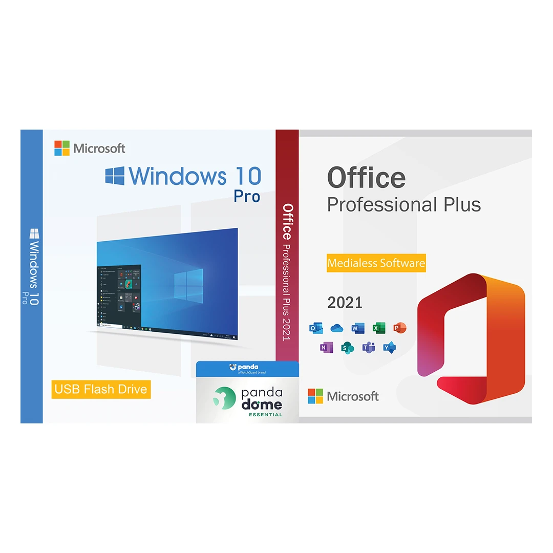 Pachet licente Windows 10 Pro USB + Office 2021 Pro Plus Medialess si Antivirus Panda Dome Essential - 