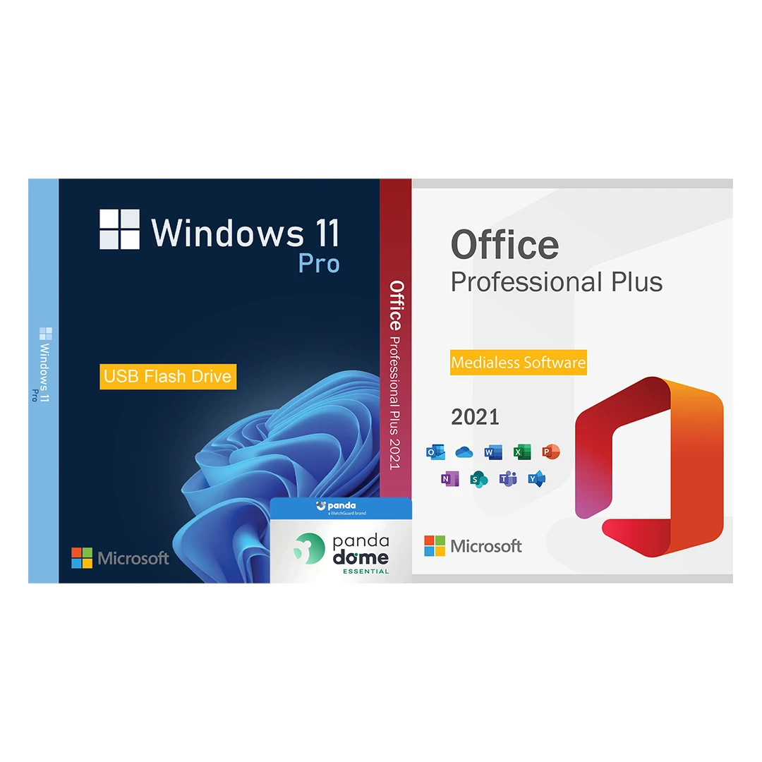 Pachet licente Windows 11 Pro USB + Office 2021 Pro Plus Medialess si Antivirus Panda Dome Essential - 