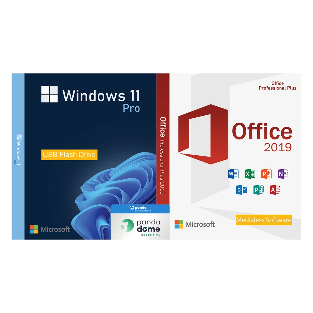 Pachet licente Windows 11 Pro USB + Office 2019 Pro Plus Medialess si Antivirus Panda Dome Essential - 