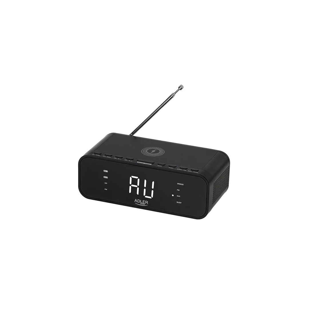 Radio FM cu ceas desteptator, Incarcator wireless, Bluetooth, AUX, USB, Negru, 5 W - 